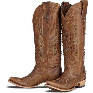 Women's Brown Knee High Western Cowgirl Boots Pointed Toe Chunky Heel Pull on
